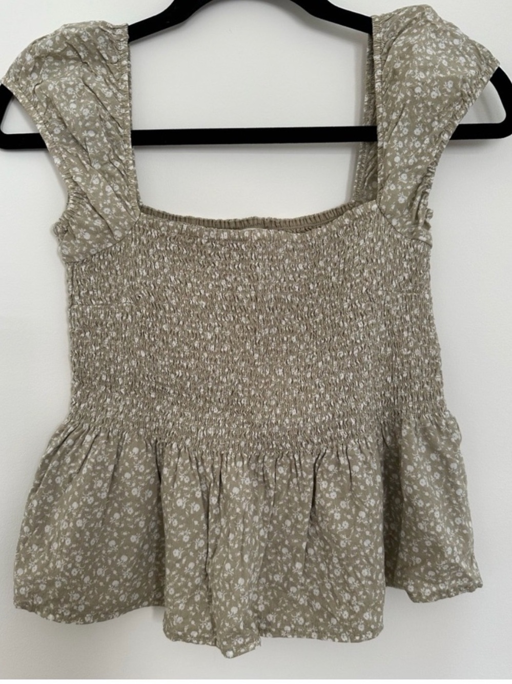 Abercrombie & Fitch Smocked Square-Neck Floral Peplum Top - Olive Green